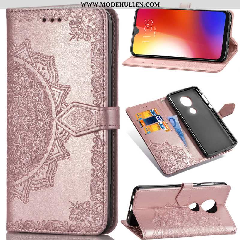 Hülle Moto G7 Play Leder Schutz Case Einfarbig Rosa Folio