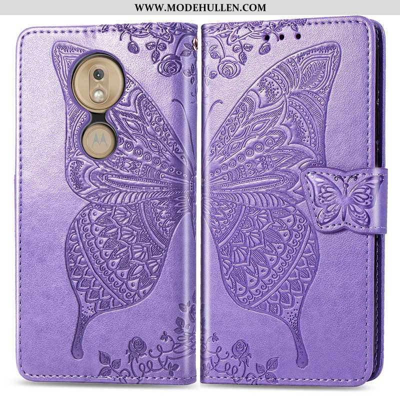 Hülle Moto G7 Play Lederhülle Hängende Verzierungen Prägung Einfarbig Case Prägung Rosa