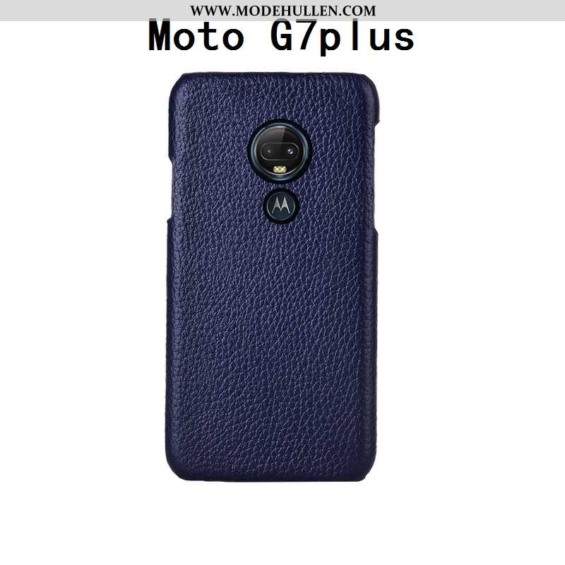 Hülle Moto G7 Plus Echt Leder Leder Kuh Schutz Mode Dunkelblau Angepasst