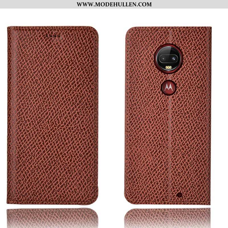 Hülle Moto G7 Plus Echt Leder Muster Handy Anti-sturz Folio 2020 Schwarz