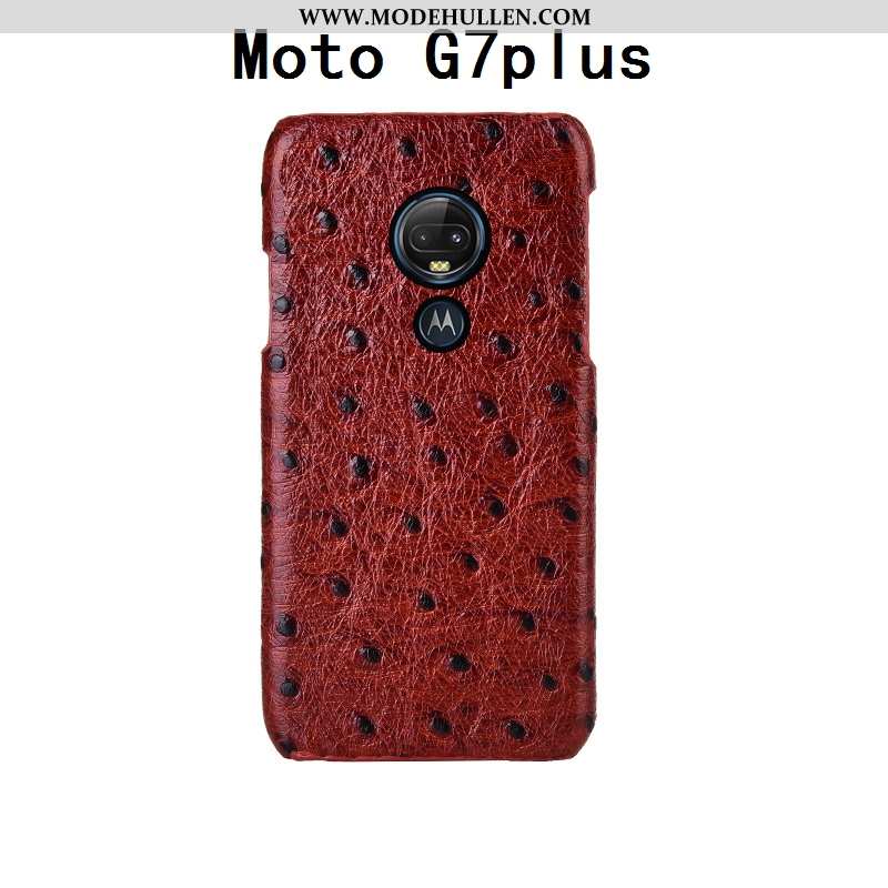 Hülle Moto G7 Plus Mode Luxus Echt Leder Schwarz Handy Muster