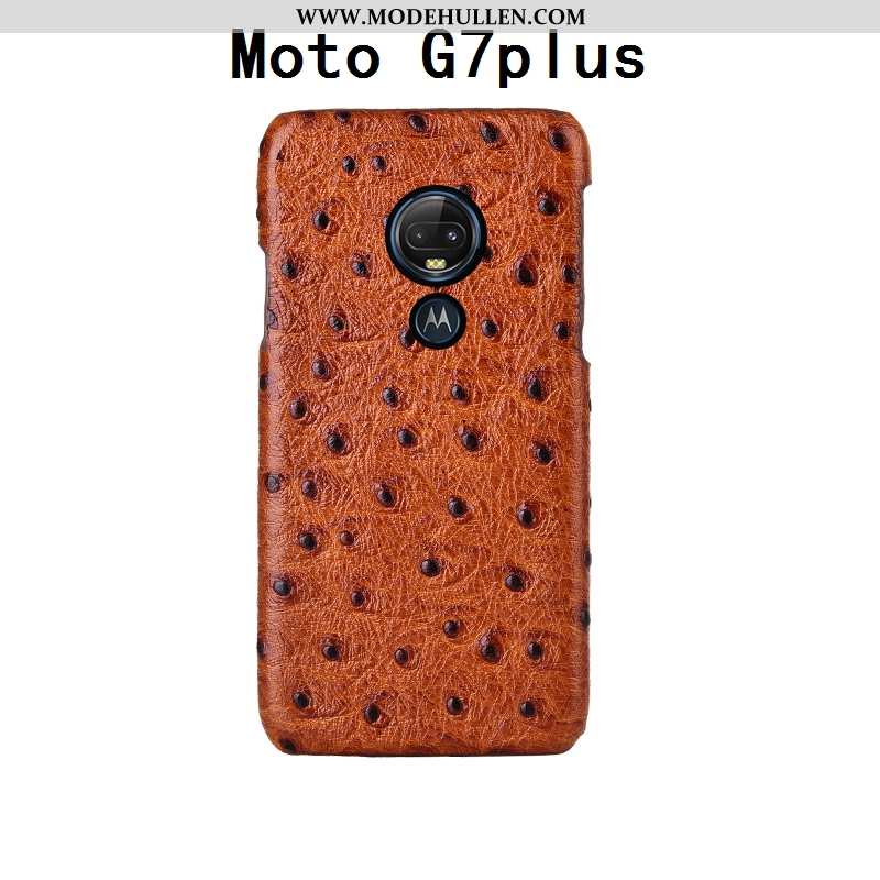 Hülle Moto G7 Plus Mode Luxus Echt Leder Schwarz Handy Muster