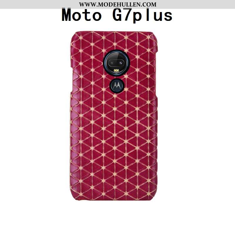 Hülle Moto G7 Plus Schutz Mode Rot Angepasst Anti-sturz Echt Leder Handy Rote