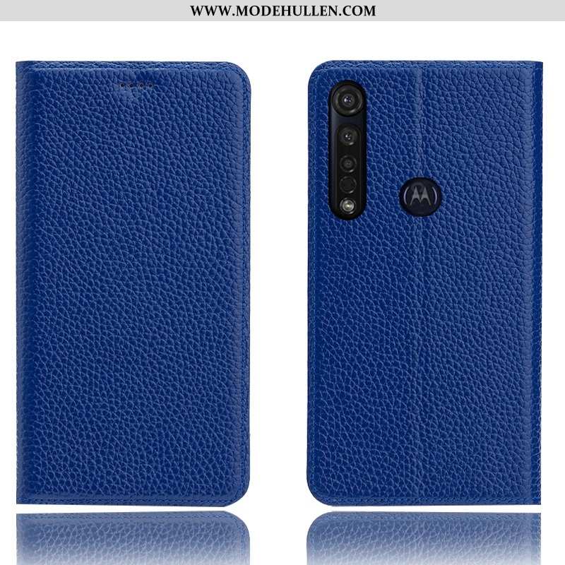 Hülle Moto G8 Plus Lederhülle Schutz Anti-sturz Case Blau Folio