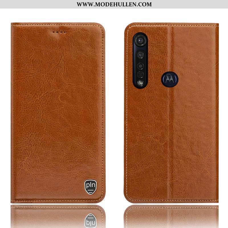 Hülle Moto G8 Plus Muster Schutz Handy Echt Leder Case Alles Inklusive Orange