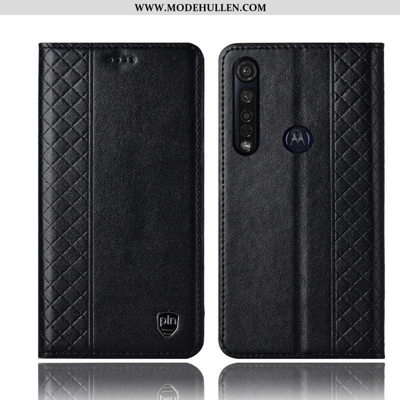 Hülle Moto G8 Plus Schutz Echt Leder Handy Schwarz Folio Case