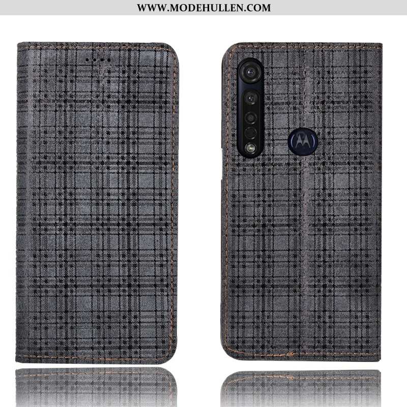 Hülle Moto G8 Plus Schutz Lederhülle Case Schwarz Folio Samt