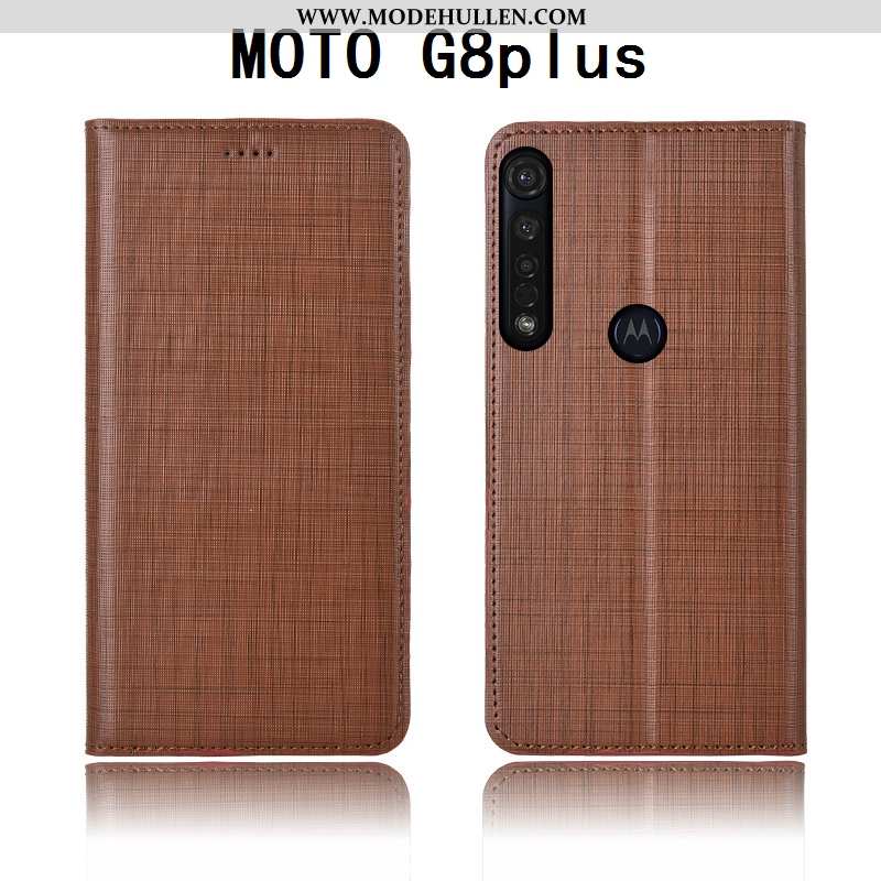 Hülle Moto G8 Plus Schutz Lederhülle Echt Leder Einfassung Folio Case Anti-sturz Braun