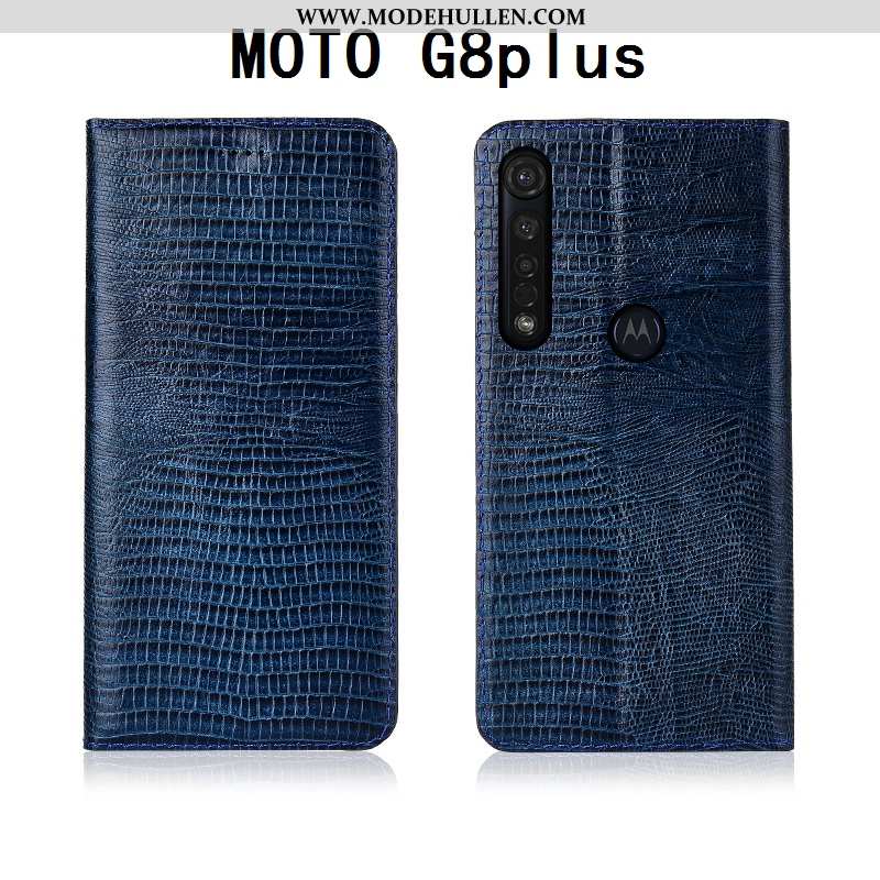 Hülle Moto G8 Plus Silikon Schutz Einfassung Echt Leder Folio Schwarz Lederhülle