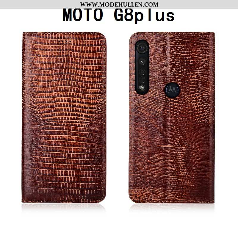 Hülle Moto G8 Plus Silikon Schutz Einfassung Echt Leder Folio Schwarz Lederhülle