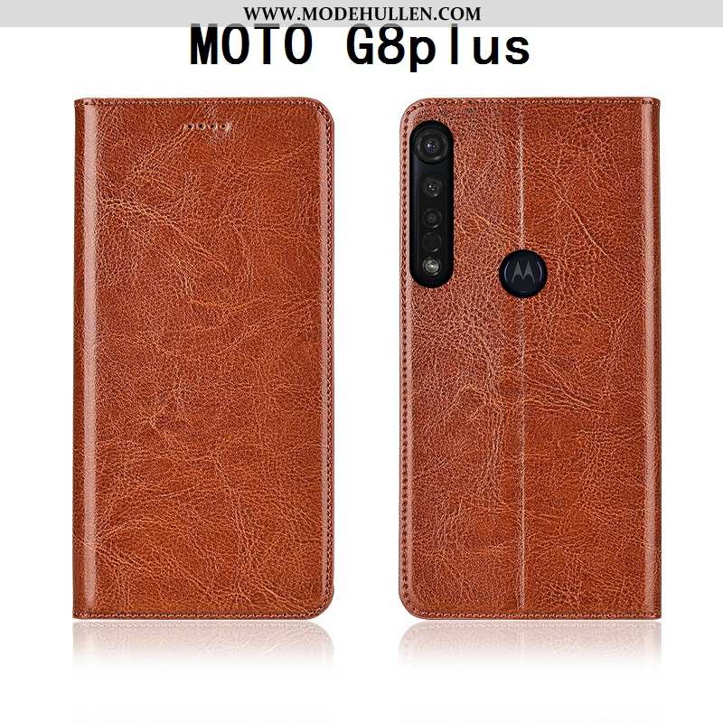 Hülle Moto G8 Plus Silikon Schutz Weiche Folio Muster Lederhülle Handy Braun