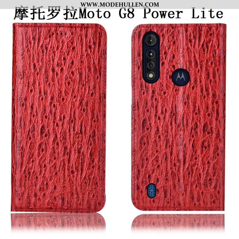 Hülle Moto G8 Power Lite Echt Leder Muster Vogel Rot Anti-sturz Folio Rote