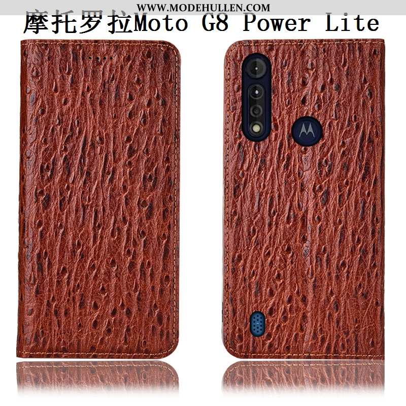 Hülle Moto G8 Power Lite Echt Leder Muster Vogel Rot Anti-sturz Folio Rote