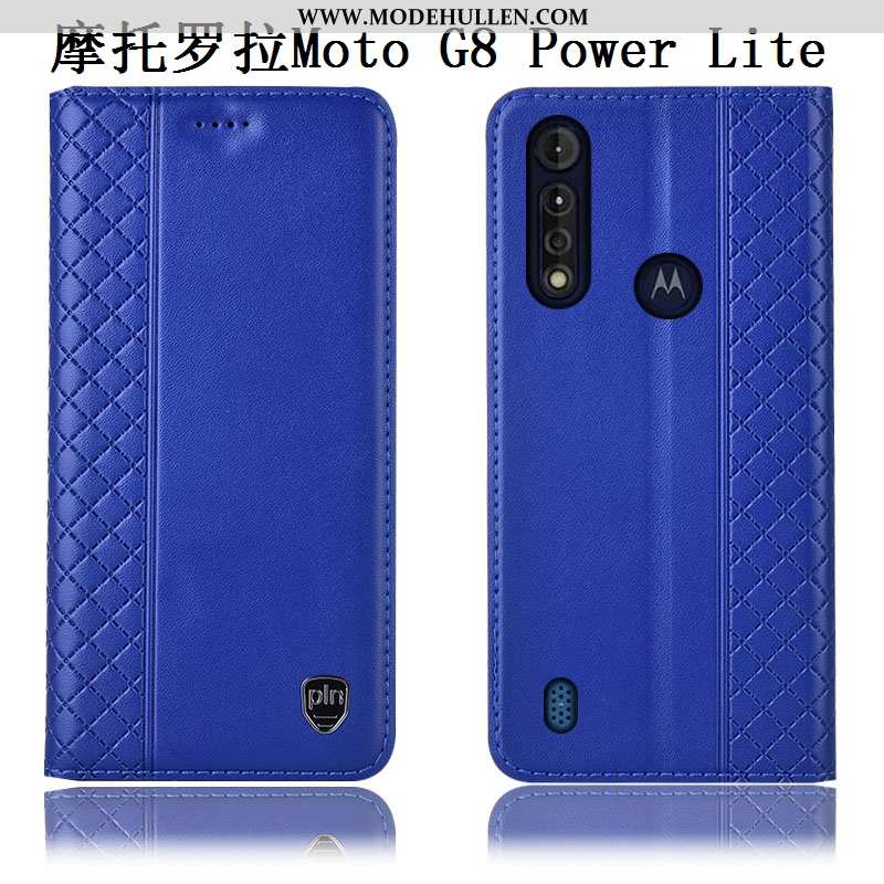 Hülle Moto G8 Power Lite Lederhülle Echt Leder Handy Anti-sturz Blau