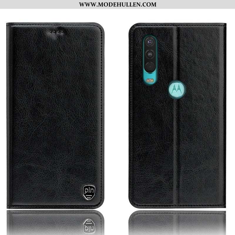 Hülle Motorola One Action Lederhülle Muster Case Folio Schutz Alles Inklusive Anti-sturz Schwarz