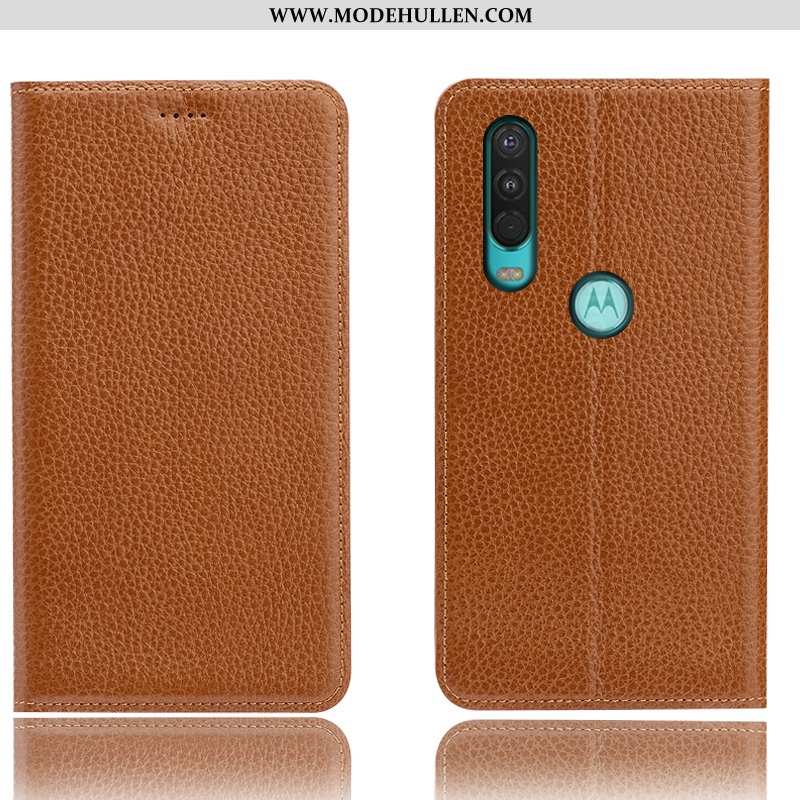 Hülle Motorola One Action Muster Schutz Folio Case Echt Leder Alles Inklusive Litchi Braun