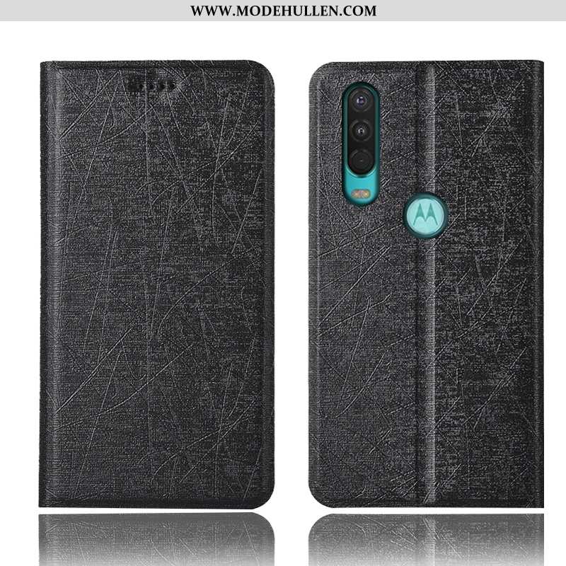 Hülle Motorola One Action Schutz Lederhülle Schwarz Seide Case Folio Alles Inklusive