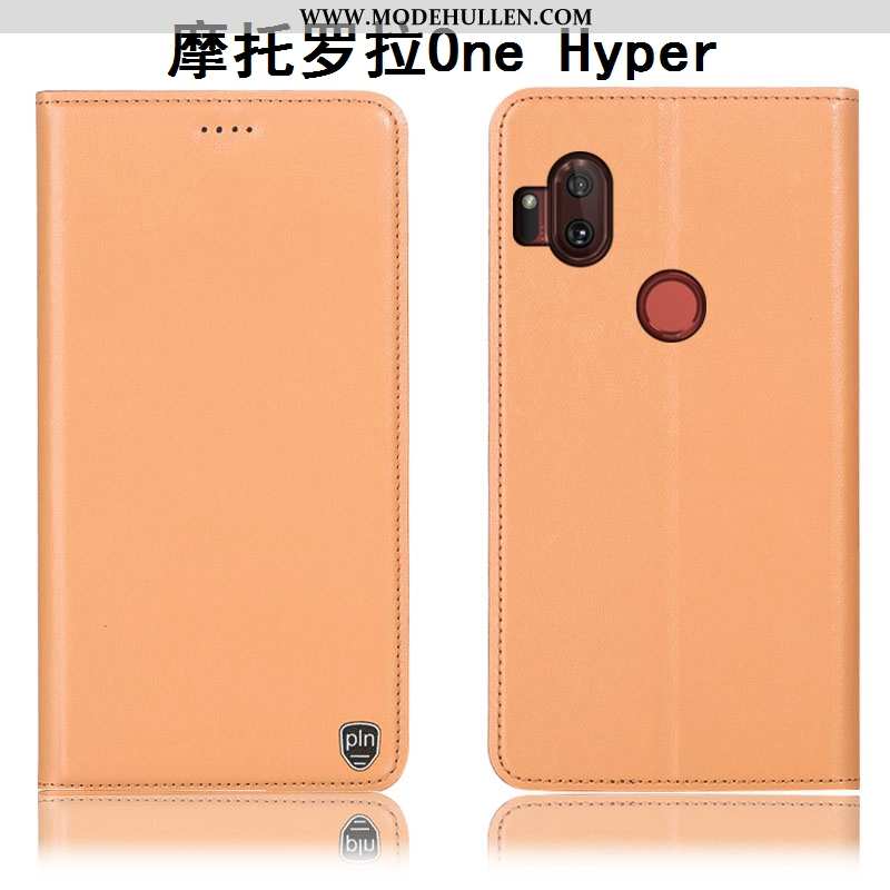 Hülle Motorola One Hyper Muster Schutz Case Folio Orange Echt Leder