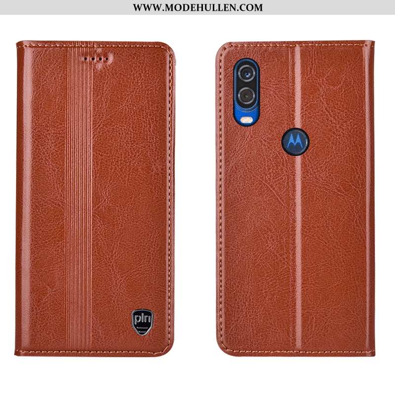 Hülle Motorola One Vision Echt Leder Schutz Handy Alles Inklusive Folio Case Braun