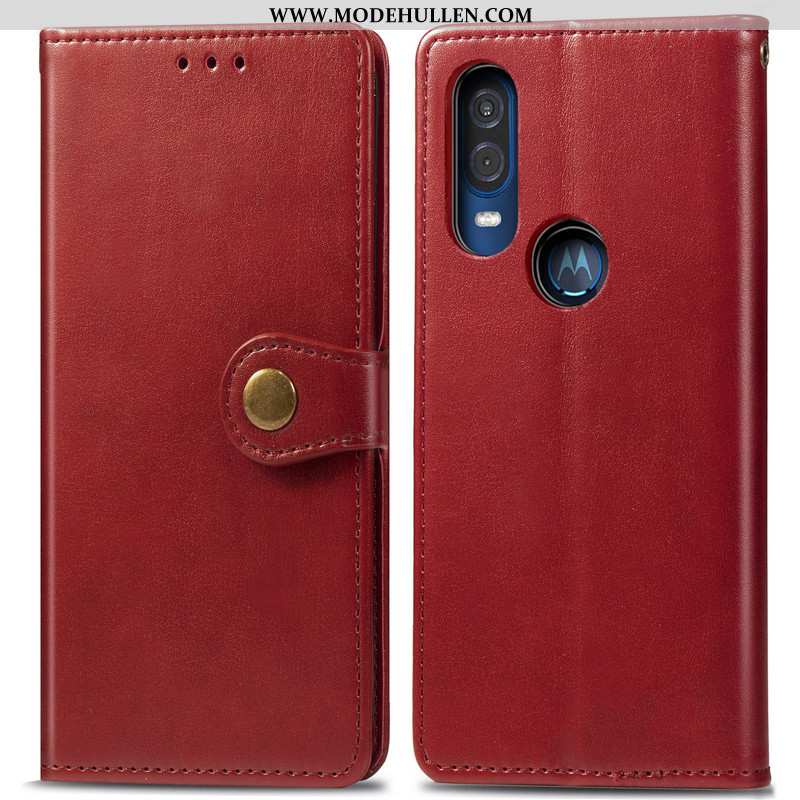 Hülle Motorola One Vision Leder Schutz Einfach Business Hängende Verzierungen Rot Rote