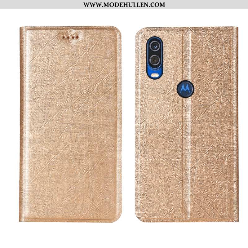 Hülle Motorola One Vision Lederhülle Schutz Gold Case Seide Folio