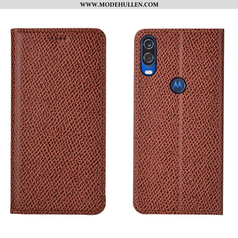 Hülle Motorola One Vision Muster Schutz Case Orange Handy Echt Leder Mesh