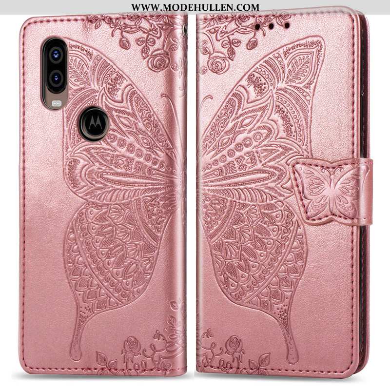 Hülle Motorola One Vision Prägung Schutz Hängende Verzierungen Rosa Case Schmetterling