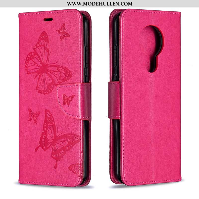 Hülle Nokia 5.3 Hängende Verzierungen Prägung Einfarbig Schmetterling Lederhülle Schutz Rote