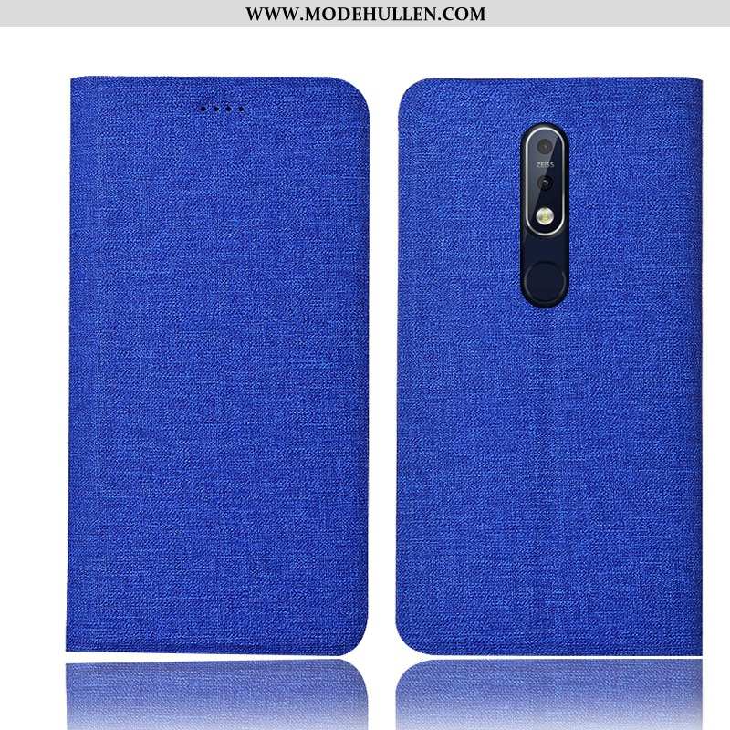 Hülle Nokia 7.1 Lederhülle Schutz Baumwolle Und Leinen Handy Case Folio Blau