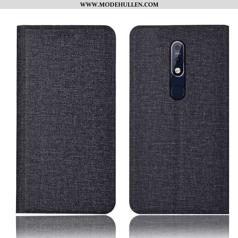 Hülle Nokia 7.1 Lederhülle Schutz Baumwolle Und Leinen Handy Case Folio Blau