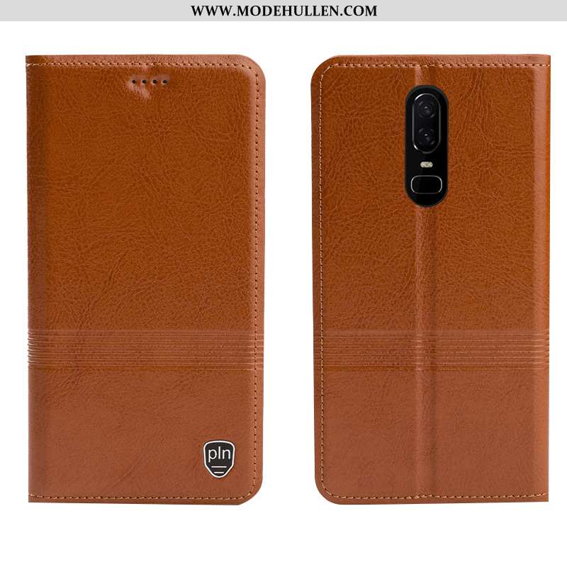 Hülle Oneplus 6 Echt Leder Schutz Braun Handy Folio Case