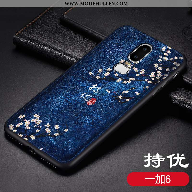 Hülle Oneplus 6 Retro Leder Case Persönlichkeit Chinesische Art Prägung Dunkelblau