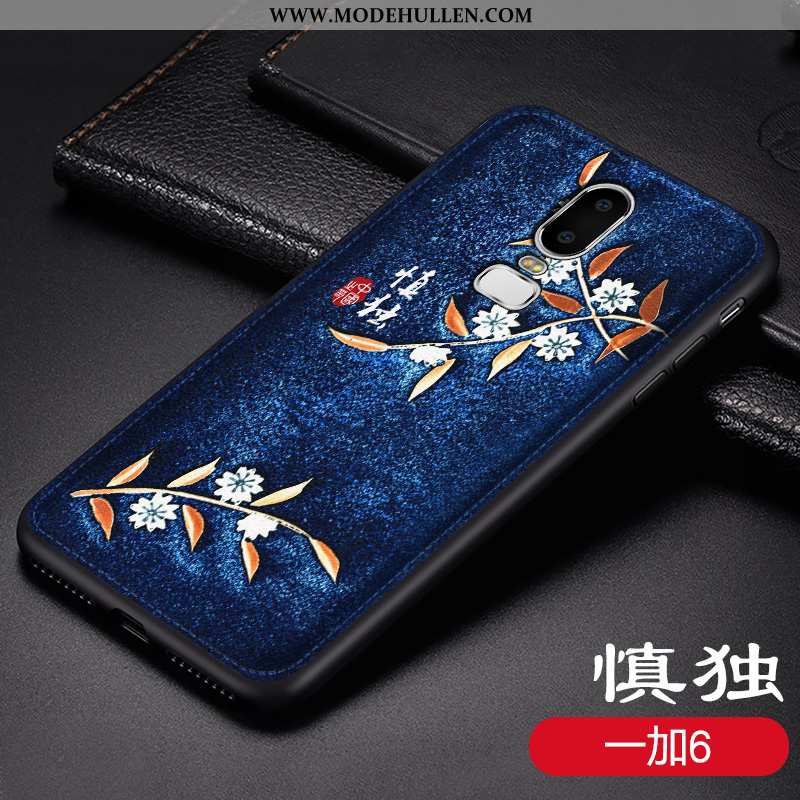 Hülle Oneplus 6 Retro Leder Case Persönlichkeit Chinesische Art Prägung Dunkelblau