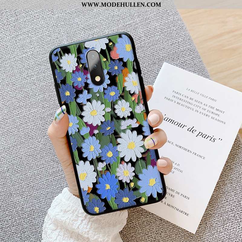 Hülle Oneplus 7 Super Weiche Nubuck Blumen Ölgemälde Anti-sturz Case Blau