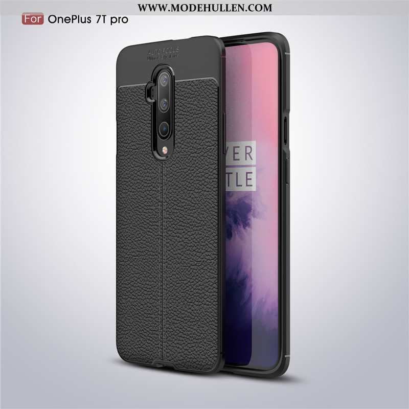 Hülle Oneplus 7t Pro Leder Muster Litchi Weiche Schutz Case Schwarz