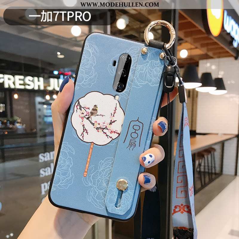 Hülle Oneplus 7t Pro Prägung Retro Schutz Silikon Chinesische Art Blau Handy