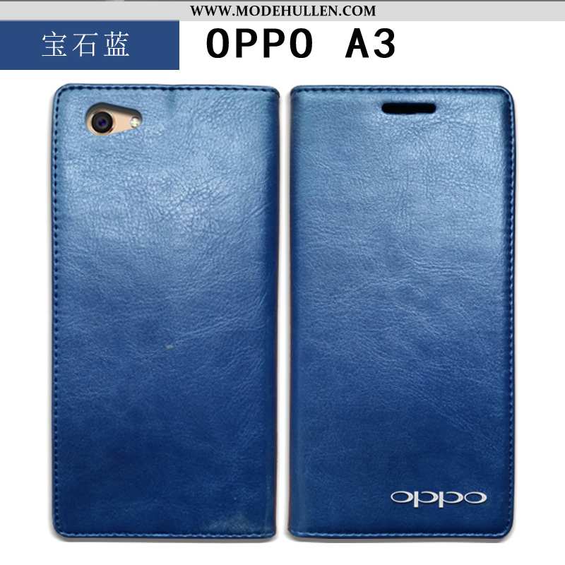 Hülle Oppo A3 Lederhülle Echt Leder Anti-sturz Handy Folio Schutz Case Blau