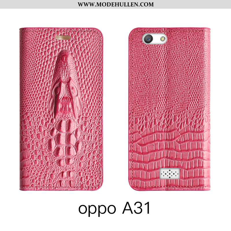 Hülle Oppo A31 Lederhülle Echt Leder Folio Handy Rot Schutz Leder Rosa