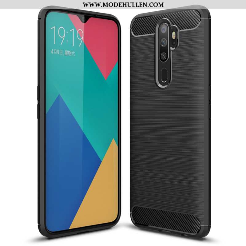 Hülle Oppo A5 2020 Schutz Trend Schwarz Silikon Case Faser Neu