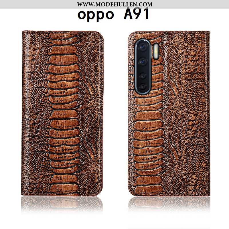 Hülle Oppo A91 Lederhülle Echt Leder Case Anti-sturz Clamshell Handy Einfassung Braun