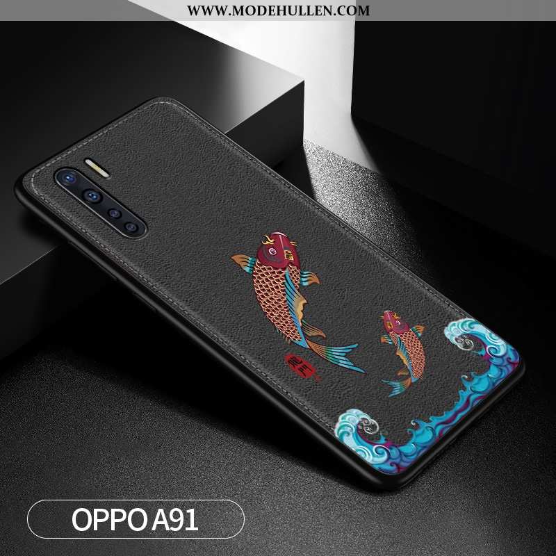 Hülle Oppo A91 Prägung Leder Case Muster Silikon Handy Dunkelblau