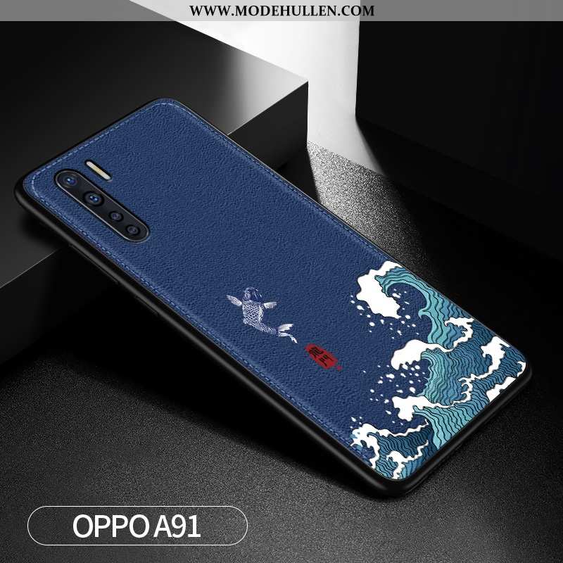 Hülle Oppo A91 Prägung Leder Case Muster Silikon Handy Dunkelblau