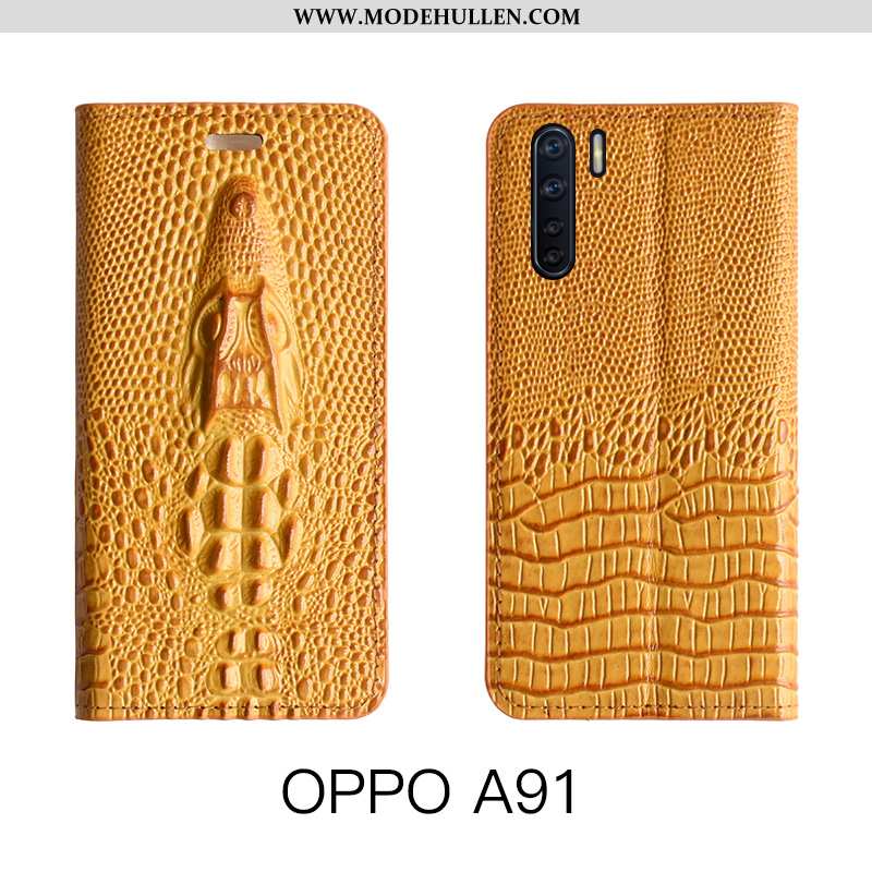 Hülle Oppo A91 Schutz Lederhülle Echt Leder Luxus Kuh Folio Gelbe