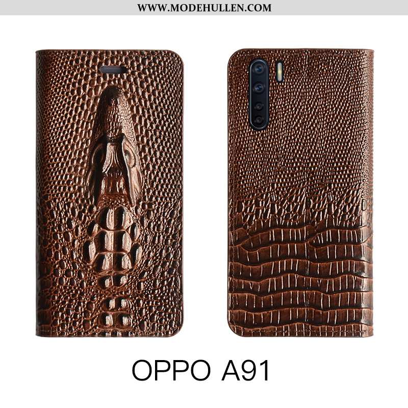 Hülle Oppo A91 Schutz Lederhülle Echt Leder Luxus Kuh Folio Gelbe