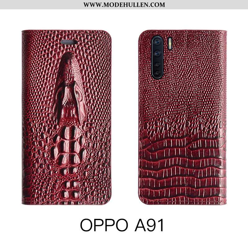 Hülle Oppo A91 Schutz Lederhülle Echt Leder Luxus Kuh Folio Gelbe