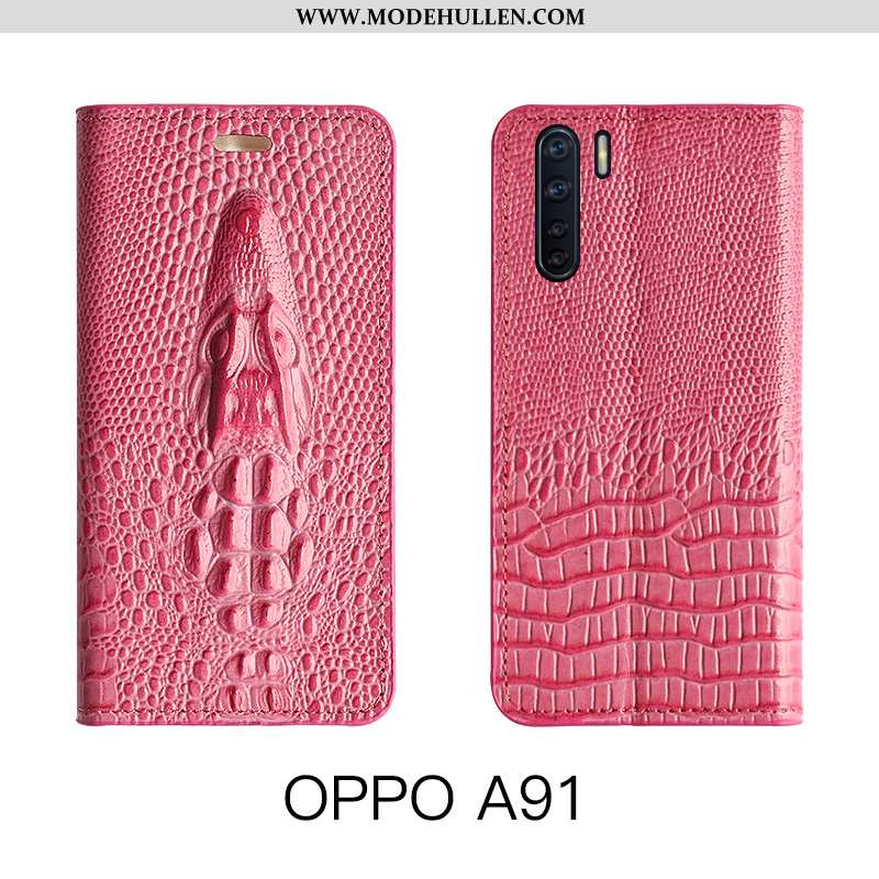 Hülle Oppo A91 Schutz Lederhülle Echt Leder Luxus Kuh Folio Gelbe