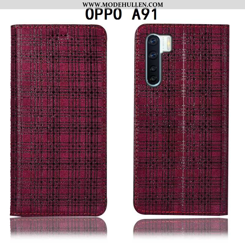 Hülle Oppo A91 Schutz Lederhülle Kariert Case Folio Samt Burgund