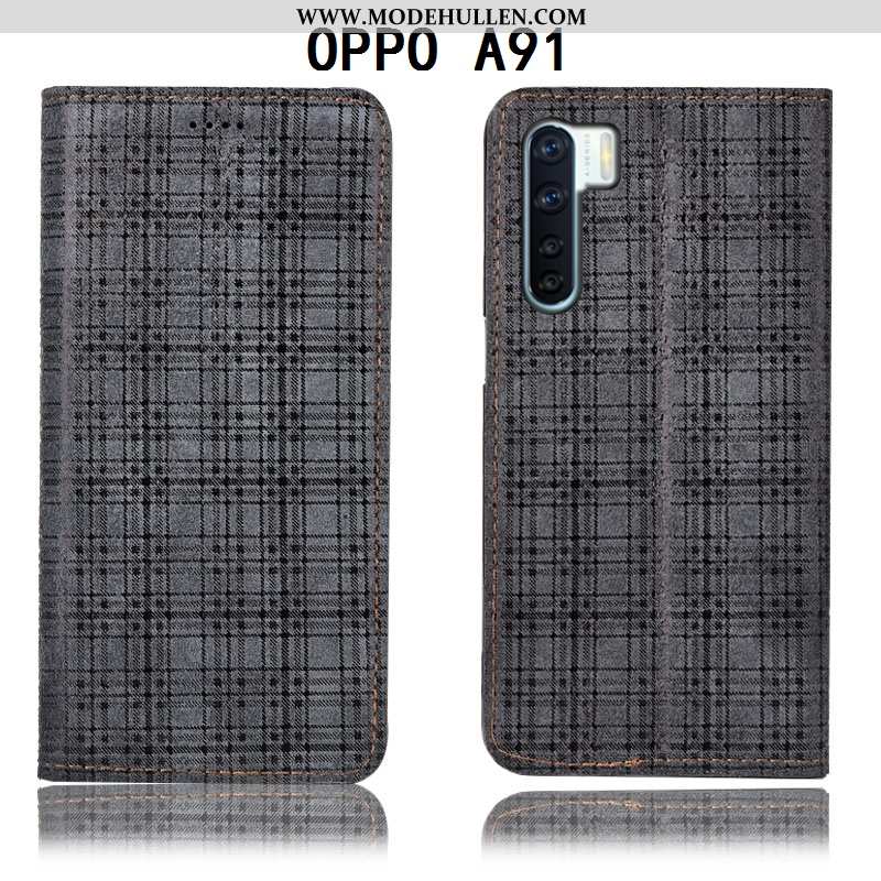 Hülle Oppo A91 Schutz Lederhülle Kariert Case Folio Samt Burgund