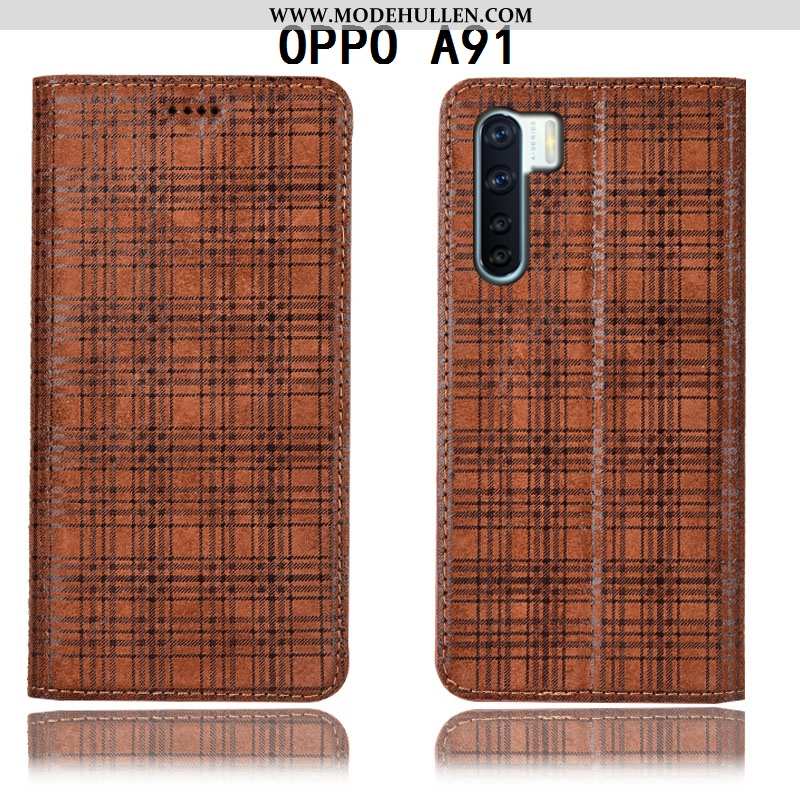 Hülle Oppo A91 Schutz Lederhülle Kariert Case Folio Samt Burgund