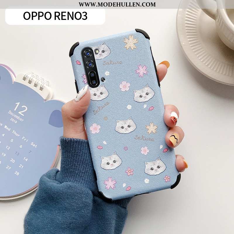 Hülle Oppo Reno 3 Nette Muster Dünne Blau Karikatur Blumen Handy